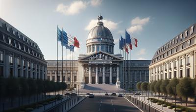 Bâtiment de l'Assemblée nationale française avec des drapeaux du parti d'extrême droite.