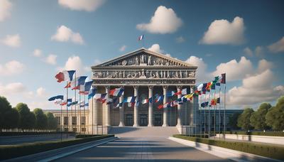 Bâtiment de l'Assemblée nationale française avec les drapeaux des partis politiques.