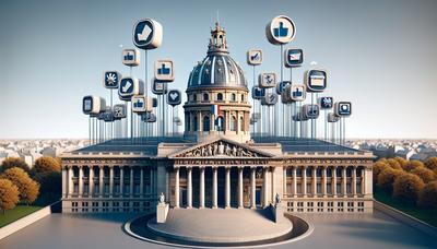 Bâtiment de l'Assemblée nationale française avec des icônes de vote.