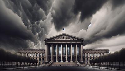 Bâtiment du parlement français sous ciel nuageux avec une tension.