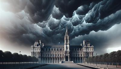 Edificio del parlamento francés bajo nubes oscuras y tormentosas señaliza