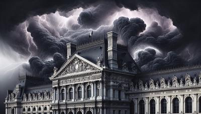 Bâtiment du parlement français sous un ciel orageux et sombre.