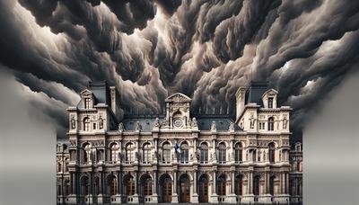 Bâtiment du parlement français sous un ciel gris orageux.