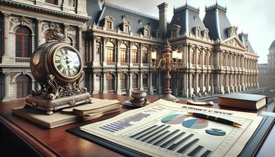 Bâtiment du parlement français avec des documents budgétaires et une horloge.