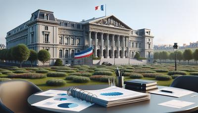 Bâtiment du parlement français avec des documents budgétaires et des drapeaux.