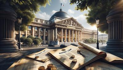 Bâtiment du Parlement français avec des documents de loi budgétaire.