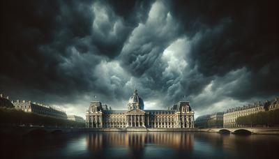 Bâtiment du parlement français avec ciel couvert sombre.