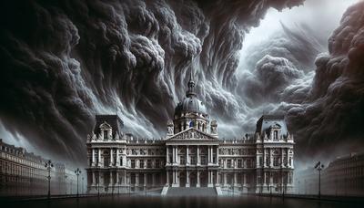 Edificio del Parlamento francés con nubes oscuras de tormenta arriba.