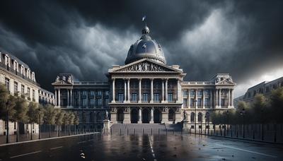 Bâtiment du parlement français avec ciel orageux sombre.