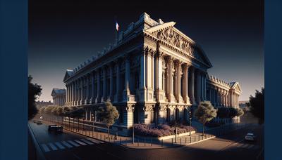 Bâtiment du parlement français avec des ombres profondes et un drapeau de la paix