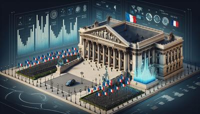 Bâtiment du Parlement français avec des drapeaux et des graphiques économiques