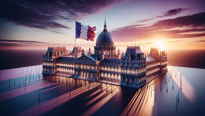 Bâtiment du parlement français avec drapeau français au coucher du soleil.