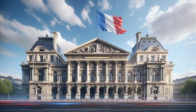 Bâtiment du parlement français avec le drapeau français flottant haut.