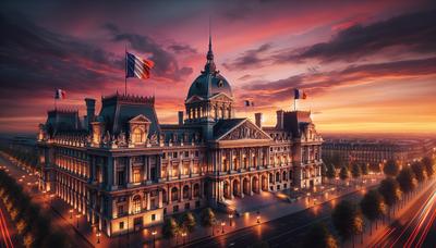 Bâtiment du Parlement français avec des drapeaux français au crépuscule.