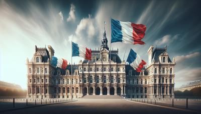 Bâtiment du parlement français avec des drapeaux français flottant.