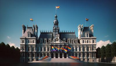 Bâtiment du Parlement français avec des drapeaux LGBTQ+ en protestation.