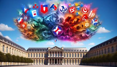 Bâtiment du Parlement français avec des logos de partis politiques en conflit.