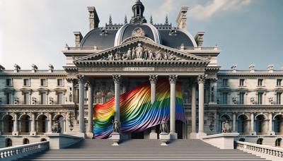 Edificio del parlamento francés con bandera arcoíris en los escalones.