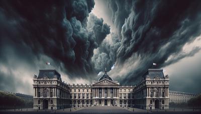 Bâtiment du parlement français avec un ciel orageux au-dessus.