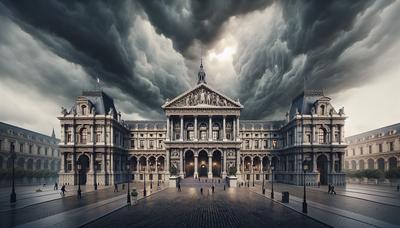 Bâtiment du Parlement français avec ciel orageux au-dessus.