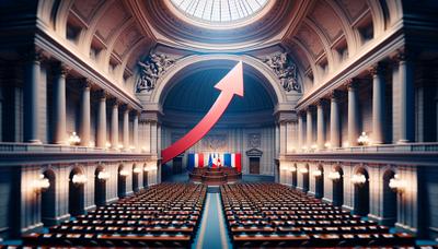 Parlement français avec une flèche rouge montante et des sièges.