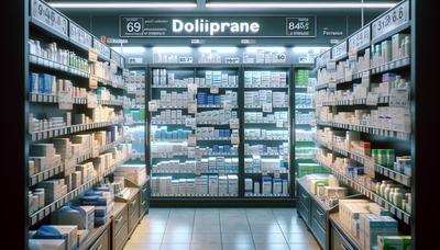 Rayons de pharmacie française avec Doliprane bien en vue.