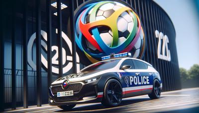 Voiture de police française devant le logo Paris 2024.