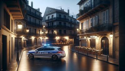 Voiture de police française en milieu urbain la nuit.