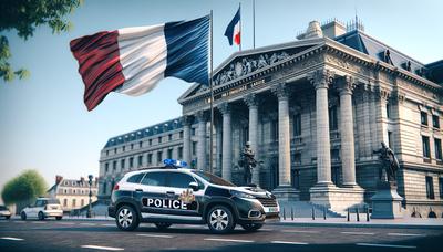 Franse politiewagen buiten een gerechtsgebouw Franse vlag