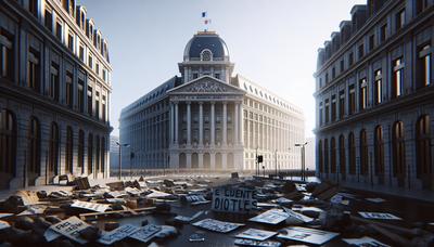 Siège d'un parti politique français avec des pancartes de protestation.