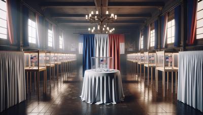 Bureau de vote français avec des urnes et des isoloirs.