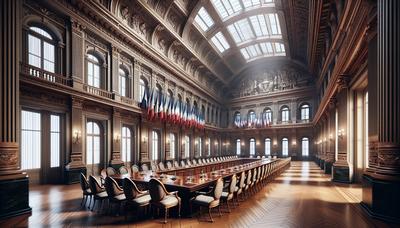 Palais présidentiel français avec drapeaux et table de conférence