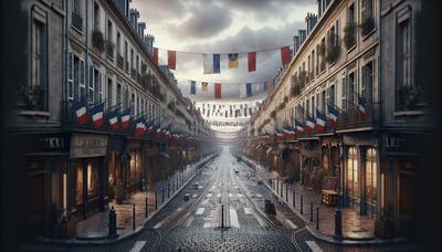 "Pancartes de protestation françaises rues drapeaux bâtiments tension visible"