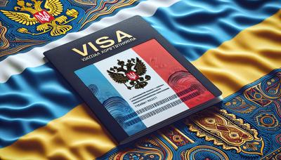 Visa français avec un arrière-plan de drapeaux russe et ukrainien.