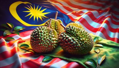 Durian frais avec en arrière-plan les drapeaux chinois et malaisien