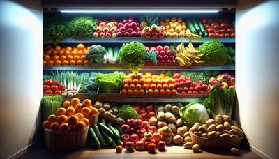 Frutas y verduras frescas en los estantes del supermercado.