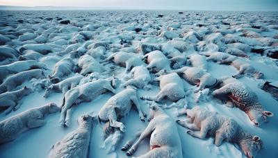 Paysage gelé avec du bétail mort éparpillé sur la neige.