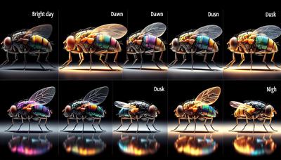 Diagram ter illustratie van fruitvlieg in verschillende lichtomstandigheden.