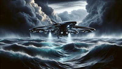 Futuristische aquatische drone die veilig door turbulente wateren navigeert.