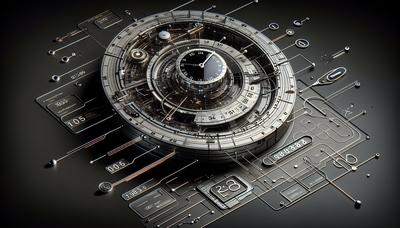 Horloge futuriste avec des éléments numériques et abstraits.