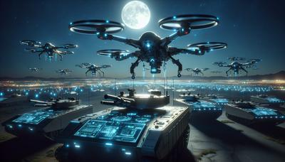 Drones y tanques futuristas con interfaces digitales.