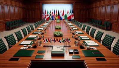 Table du sommet du G7 avec drapeaux et documents affichés.