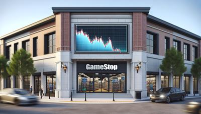 Exterior da loja da Gamestop com gráfico de ações em queda.

