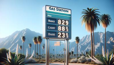 Benzinestation prijzenschild met Californisch landschap op de achtergrond.