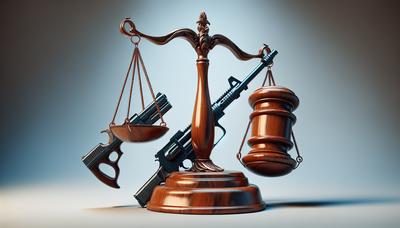 Marteau et balances symbolisant la justice avec des armes.