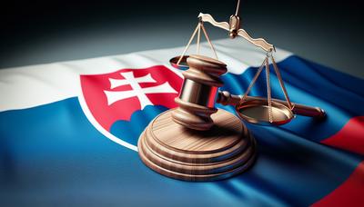 'Martillo y bandera eslovaca con símbolo de balanza legal.'