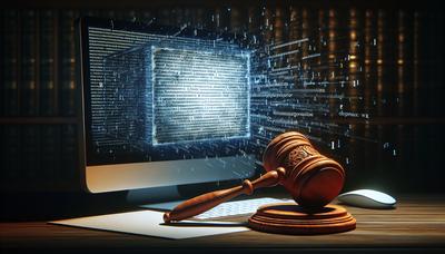 Martelo judicial bloqueando uma tela de computador com texto jurídico