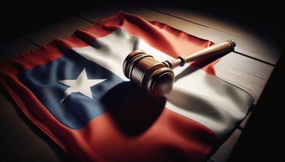 Martelo de juiz sobre a bandeira chilena simbolizando justiça para os adotados.
