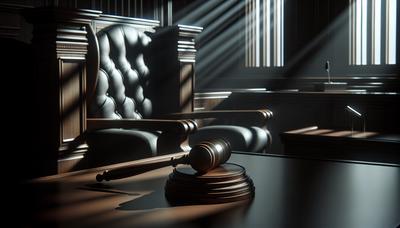 Martelletto sul banco del giudice, aula del tribunale in ombra.