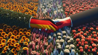 Bandiere tedesche e polacche che si stringono la mano sopra i fiori.